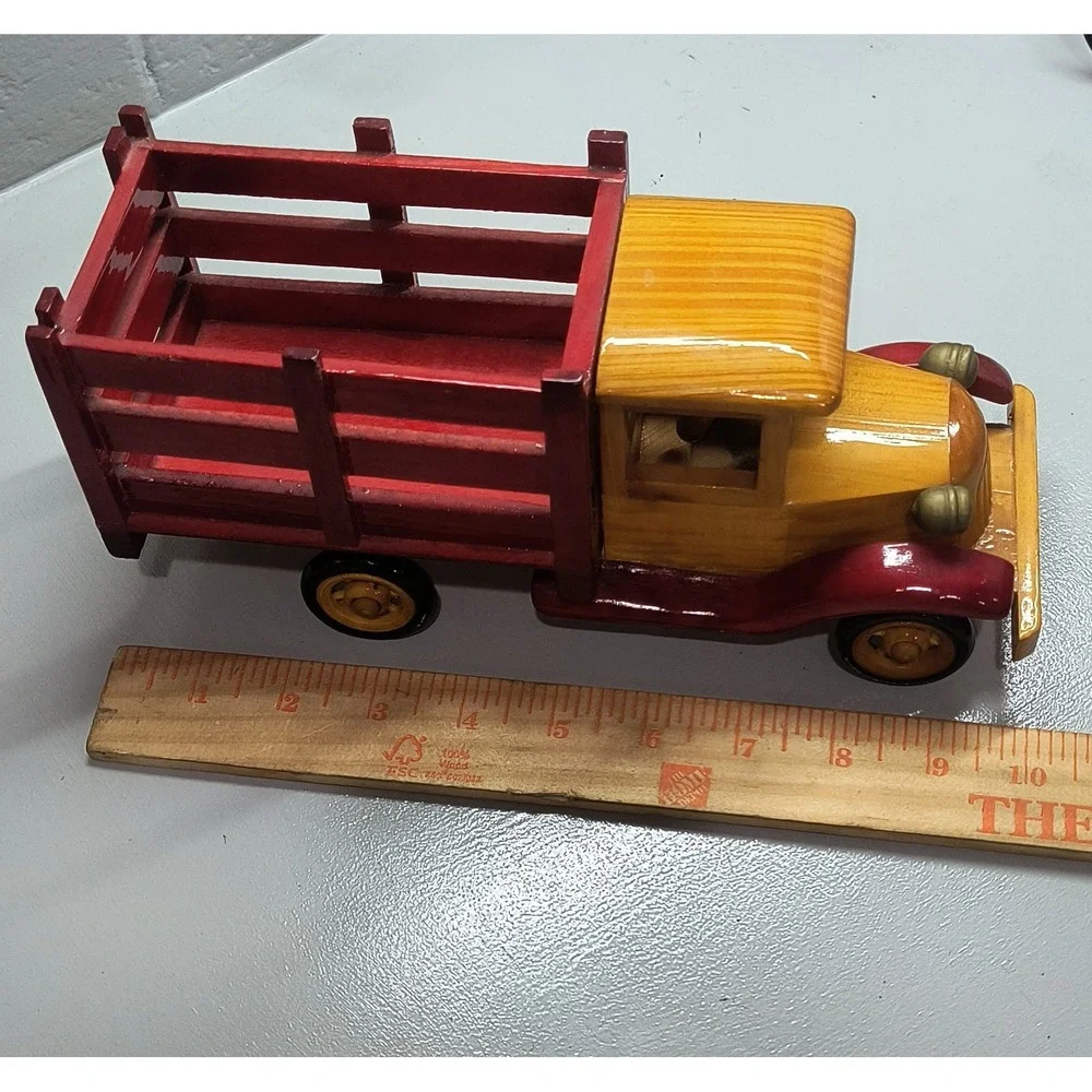 Vintage Style Wooden Stake Bed Toy Truck Red and Yellow Handcrafted Decor
